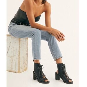 FREE PEOPLE City of Lights Lace Up Open Toe Boot 6 Black Leather Block heel